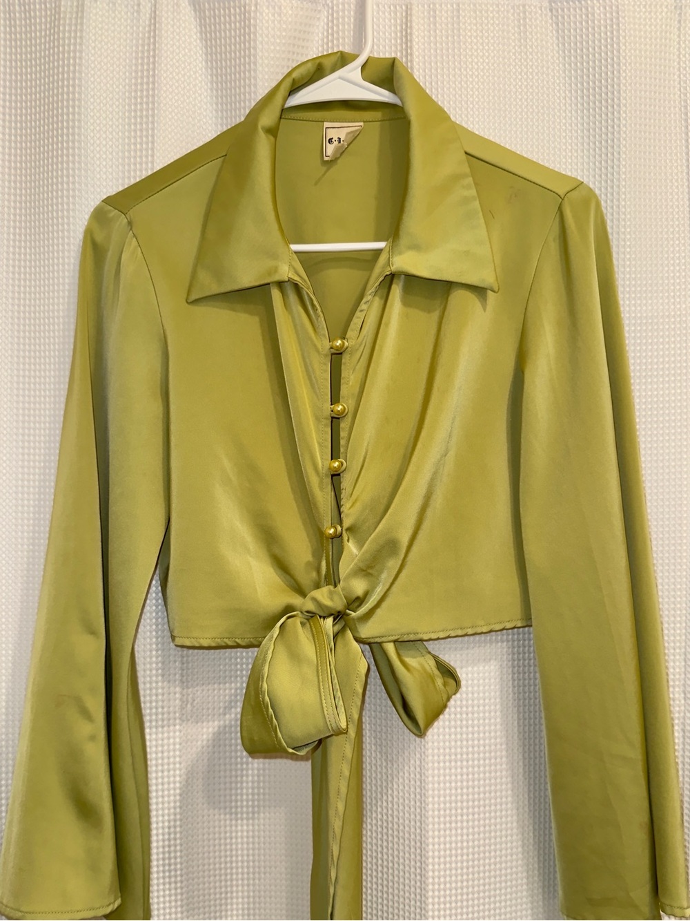 Satin Tie-Front Button Crop Top in Chartreuse